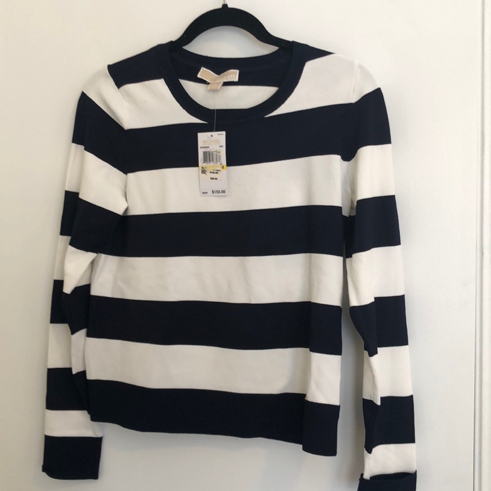 Navy and white long sleeved striped shirt
